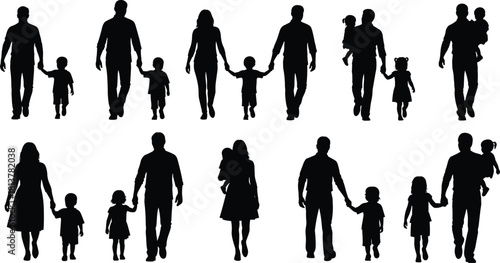 Set of black family silhouettes, parents walking with children, mothers and fathers holding hands with sons and daughters, carrying babies, isolated on white background, 