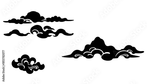stylized black cloud formations on a transparent background, reminiscent of traditional asian art