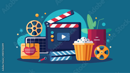 Cinema-themed flat lay with clapperboard, popcorn, drink, film reels and planner on a dark blue background