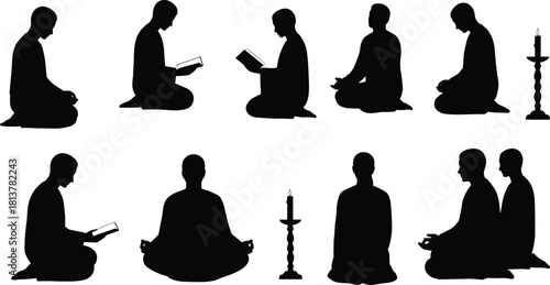 Set of black silhouettes of Buddhist monks meditating, praying, reading books, kneeling, sitting in lotus position, with candlesticks, isolated on white background, spiritual vector illustration.