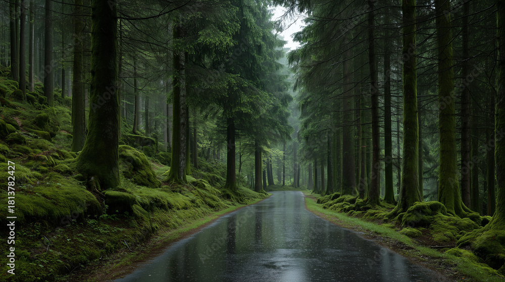 Naklejka premium A serene wet forest road surrounded by lush moss-covered trees and dense greenery after rainfall, creating a calm and natural woodland atmosphere.