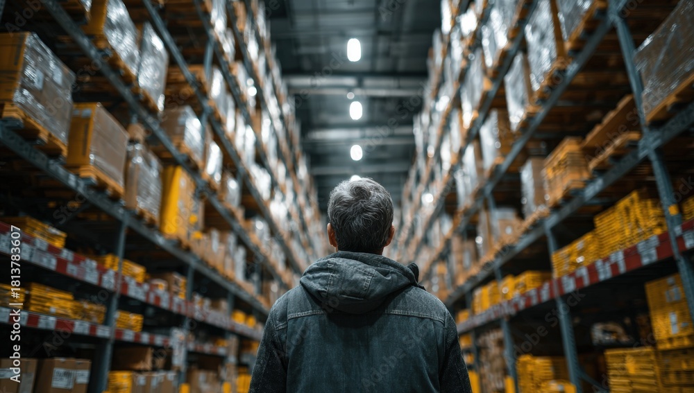 Obraz premium Man wearing dark jacket stands in a large warehouse, surrounded by tall shelves filled with neatly stacked boxes, contemplating logistics and inventory management