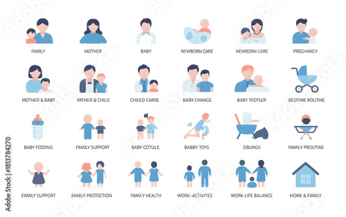 This vector icon set features 25 flat-design solid glyph icons related to family, parenting, baby care, maternity, and various relationships, in a modern style 