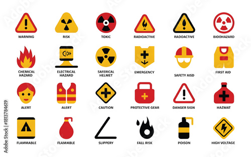 This vector icon set features 25 flat-design solid glyph icons related to safety, workplace hazards, personal protective equipment (PPE), and warning signs