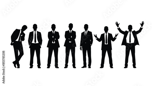 Group of Seven Business Men Silhouettes in Suits Standing in Various Poses - Corporate Team and Management Vector Illustration