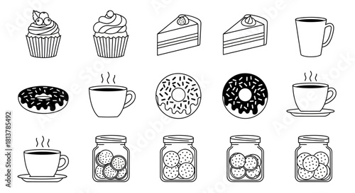 Sweet desserts and hot beverages outline vector illustration kit