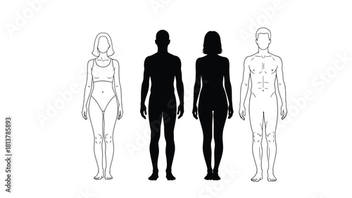 Male and Female Body Figures Set: Full Length Outlines and Black Silhouettes for Anatomy, Fitness, Health, and Design Templates