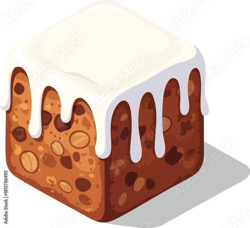 Illustration of a square-shaped dessert with white icing and nuts on a plain white background.