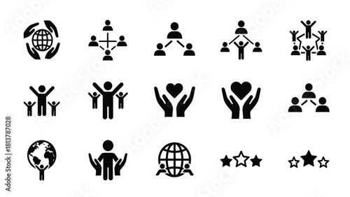 Community Connection and Network Icon Set. Vector glyphs illustrating teamwork, global care, organizational structure, social responsibility, and rating symbols.