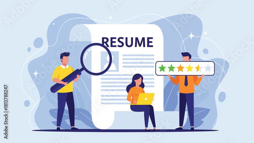 Resume Evaluation and Job Rating Concept Vector Illustration. HR Professionals Reviewing Candidate Qualifications and Giving a Star Rating Score