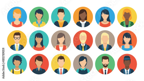 Diverse People Avatars Icon Set. Flat Vector Illustration of Various Male and Female Users, Staff, and Professional Figures in Colorful Circles.
