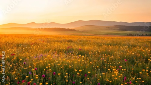 Fototapeta Naklejka Na Ścianę i Meble -  A meadow of wildflowers glowing in the sunset