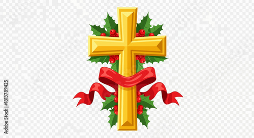 Festive golden cross illustration surrounded by decorative holly leaves and a vivid red ribbon