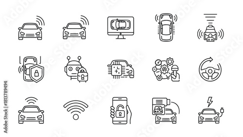 Autonomous Vehicle Technology and Smart Car Line Icon Set