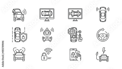 Smart Car Technology Line Icons Set: Autonomous Driving, Vehicle Security, Sensors, AI Control, and Electric Charging Outline Symbols