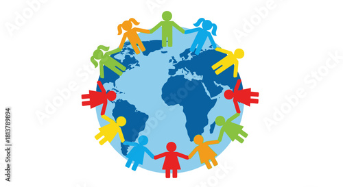 Global harmony symbolized by colorful paper cut-out figures encircling a globe illustration