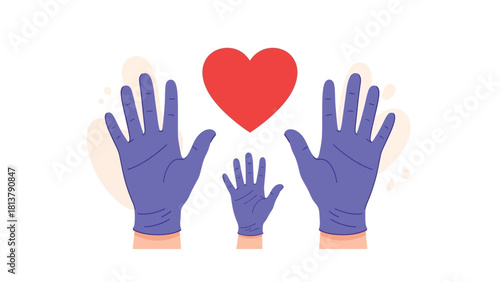 Family Hands in Medical Gloves Protecting Red Heart Symbol, Vector Illustration of Healthcare, Charitable Help, and Protection