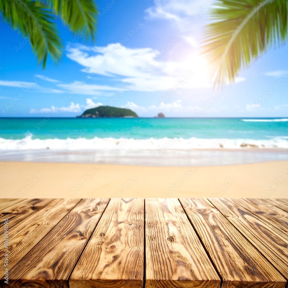 Fototapeta premium Wooden table foreground with beach and ocean on a bright sunny day