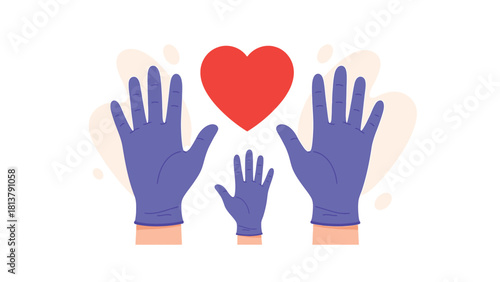 Family or community hands in medical gloves reaching towards a red heart, concept of protection, care, and health support during a crisis or volunteering effort