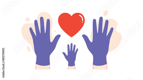 Medical Gloves Hands Protecting Red Heart Symbol Vector Illustration for Healthcare and Charity