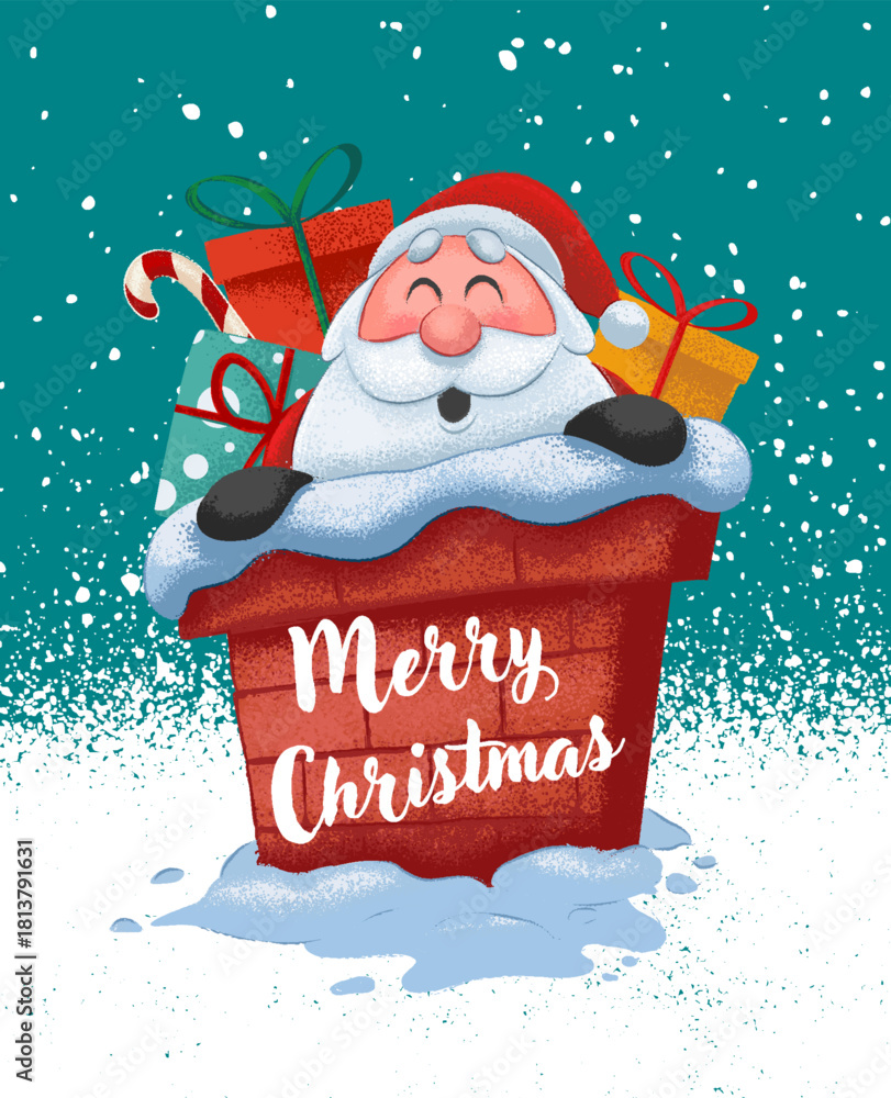 Fototapeta premium Cartoon Santa Claus comes out of the chimney with gifts