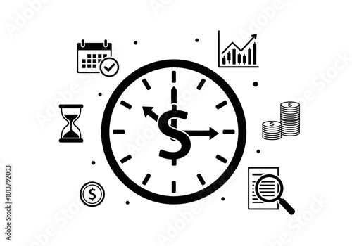 Vector illustration of a clock with dollar sign, time and money management theme, clipart style vector