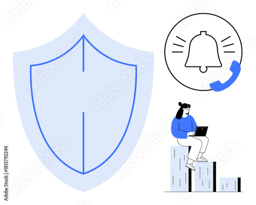 Large shield symbolizing security, alert notification, and user working on laptop on bar graph. Ideal for cybersecurity, data protection, online safety, threat prevention, alerts, user activity