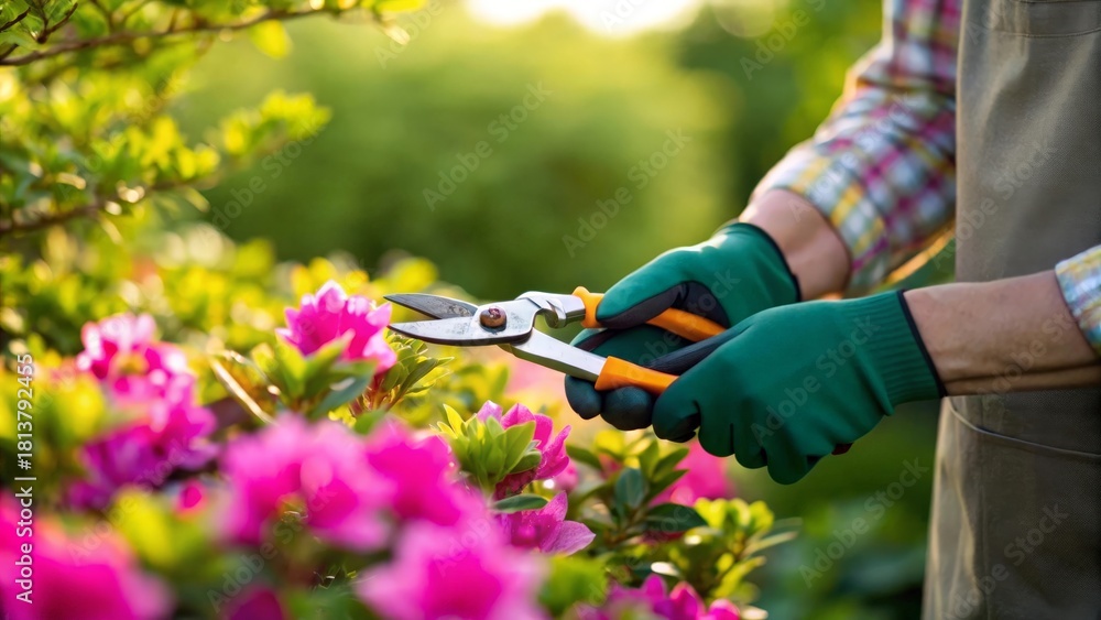 Obraz premium Hands trimming pink flowers in a bright garden outdoors