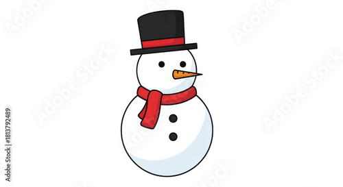 A cute cartoon snowman illustration with a black top hat, red scarf, and carrot nose, representing the winter holiday season in a simple, cheerful, and festive style