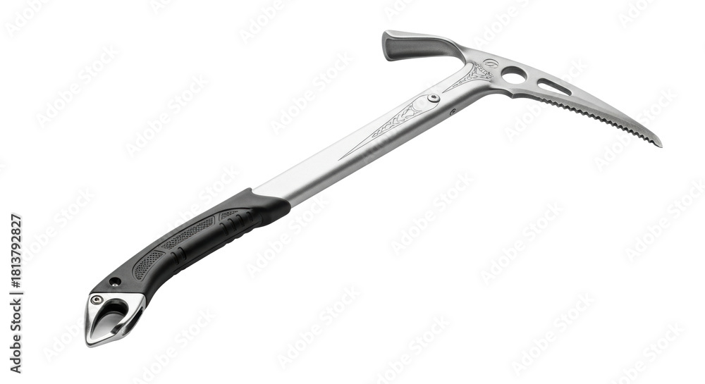 Obraz premium A modern ice climbing axe with a sharp toothed pick, metal adze, and an ergonomic handle, a crucial piece of equipment for mountaineering and alpinism adventures