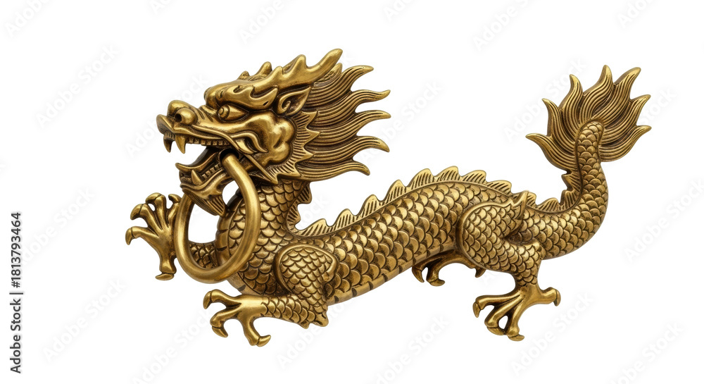 Fototapeta premium An ornate brass door knocker shaped like a mythical eastern dragon with detailed scales, sharp claws, and a powerful serpentine body holding a large ring in its mouth