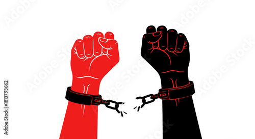 Symbolic liberation overcoming constraints depicted with broken chains on vibrant hands