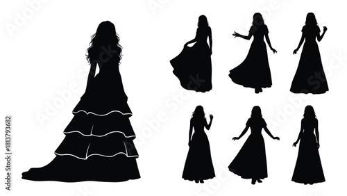 Elegant Women in Long Dresses Silhouette Set. Fashionable Ladies in Gowns Vector Collection