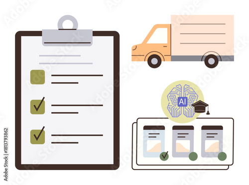 Clipboard with checklist, delivery truck, AI neural graphic, and app screens conveying logistics, delivery, AI innovation. Ideal for management, planning, automation education technology mobile