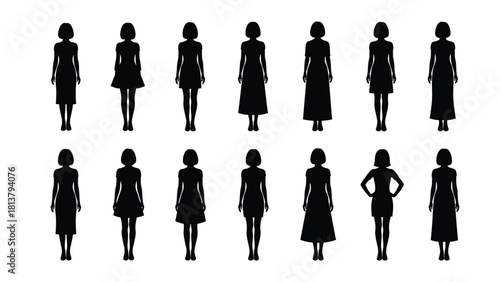 Collection of Female Silhouettes in Various Dress Styles. Woman Body Shape Icons Set