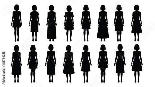 Female Body Silhouettes in Various Dress Styles and Lengths. Vector Illustration Set.