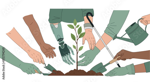 Diverse hands uniting to nurture a sapling, symbolizing inclusivity and ecological support