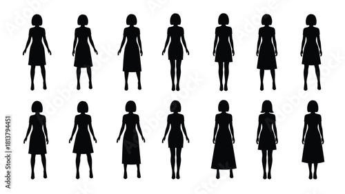 Diverse Women Silhouettes Vector Set. Female figures standing, wearing different dress styles and lengths, graphic icons for fashion, retail, or demographic design.