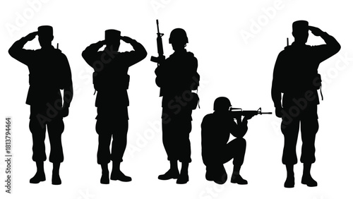 Vector Silhouettes Set of Military Soldiers: Saluting, Standing, and Aiming Poses