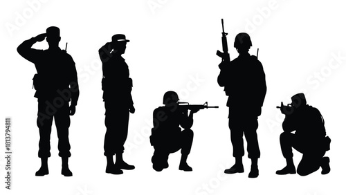 Military Soldiers Silhouettes Vector Set: Saluting, Standing, and Combat Poses