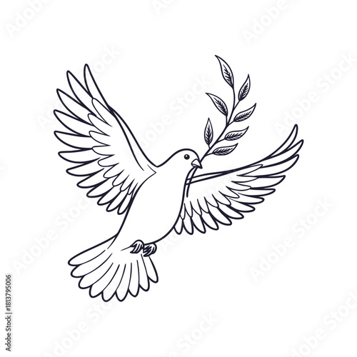 Line art dove with olive branch flying on white background bird peace