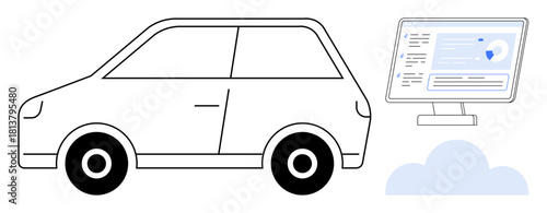 Car paired with computer screen displaying analytics above a cloud. Ideal for IoT, automation, telematics, data sharing, cloud computing, remote control, mobility innovations. Simple flat metaphor