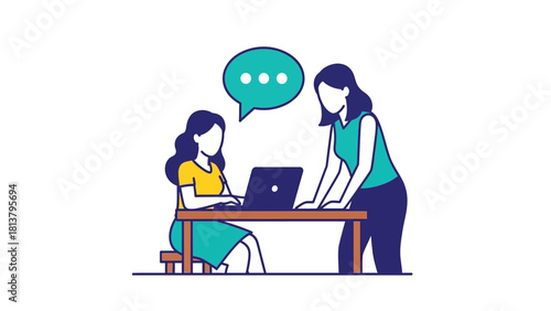 Two Business Women Collaborating on a Laptop at the Desk with Conversation Speech Bubble. Vector Illustration of Office Teamwork and Mentorship.