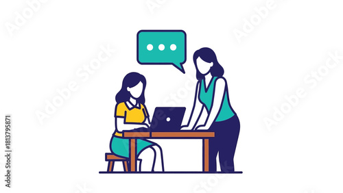 Business Consultation and Teamwork Illustration with Laptop and Speech Bubble