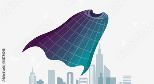 A hero's cape soars over a digital cityscape, promising innovative solutions and technology's