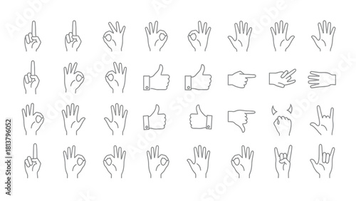 Hand Gestures Line Icons Set: Vector Outline Pictograms for Communication, Expression, Direction, and Confirmation Signs