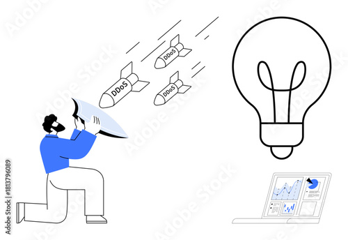 Man shielding against DDoS attacks, light bulb representing ideas, analytics dashboard. Ideal for cybersecurity, innovation, crisis management, technology, protection, data analysis simple flat