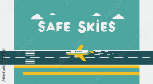Whimsical Aviation Graphic: A Cartoon Airplane Embarks on a Journey for Safe Skies