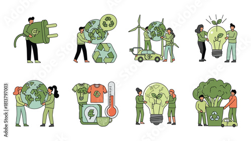 Sustainable Environment and Energy Conservation Outline Illustrations Set