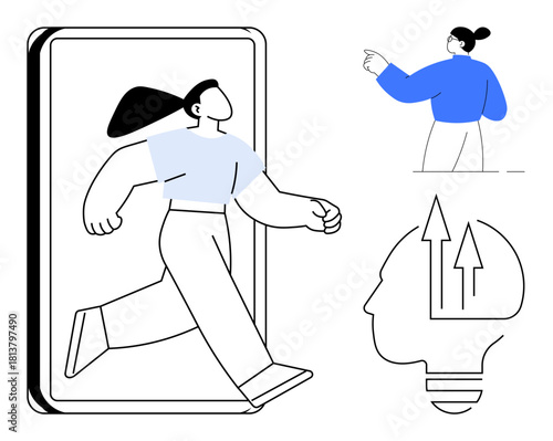 Woman walking out of a phone screen, person pointing toward the future, and a head-shaped lightbulb with arrows. Ideal for innovation, technology, progress, growth, creativity, success empowerment